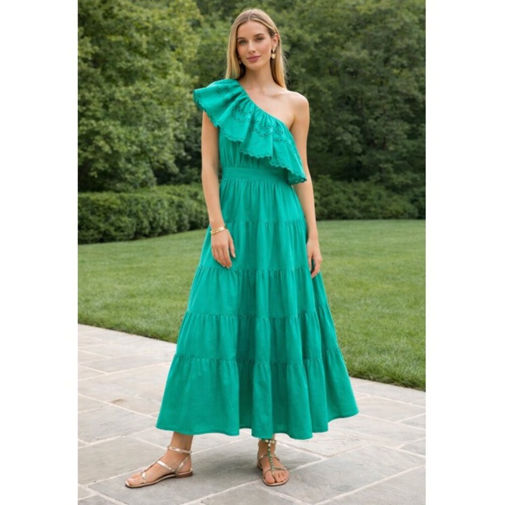 Antik Batik Rodo One Shoulder Maxi Dress XS NWT Aqua Cotton Poplin Beach Wedding